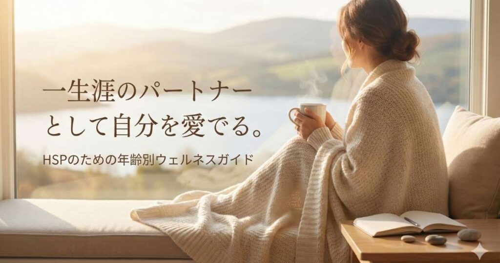 「窓辺で温かい飲み物を持ち、穏やかな景色を眺める女性の後ろ姿。写真には『一生涯のパートナーとして自分を愛でる。HSPのための年齢別ウェルネスガイド』というテキストが添えられている。」