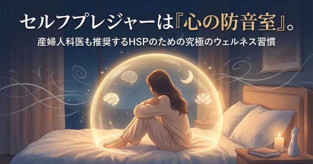 夜の静かな寝室で、自分を慈しむ時間を過ごすHSPの女性。暖色のライトと清潔感のある空間が『心の防音室』としての聖域を表現している現実的なイラスト」